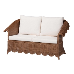 bali & pari Detta Natural Rattan Loveseat with Cushion - Handwoven Wicker Settee with Rolled Arms and Scalloped Skirt Base, Boho Coastal Style for Sunroom or Lounge
